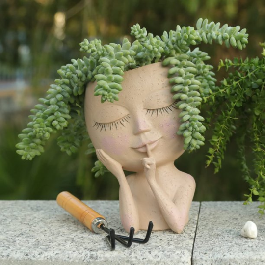 Cute Lady face Plant Pots Closed Eyes